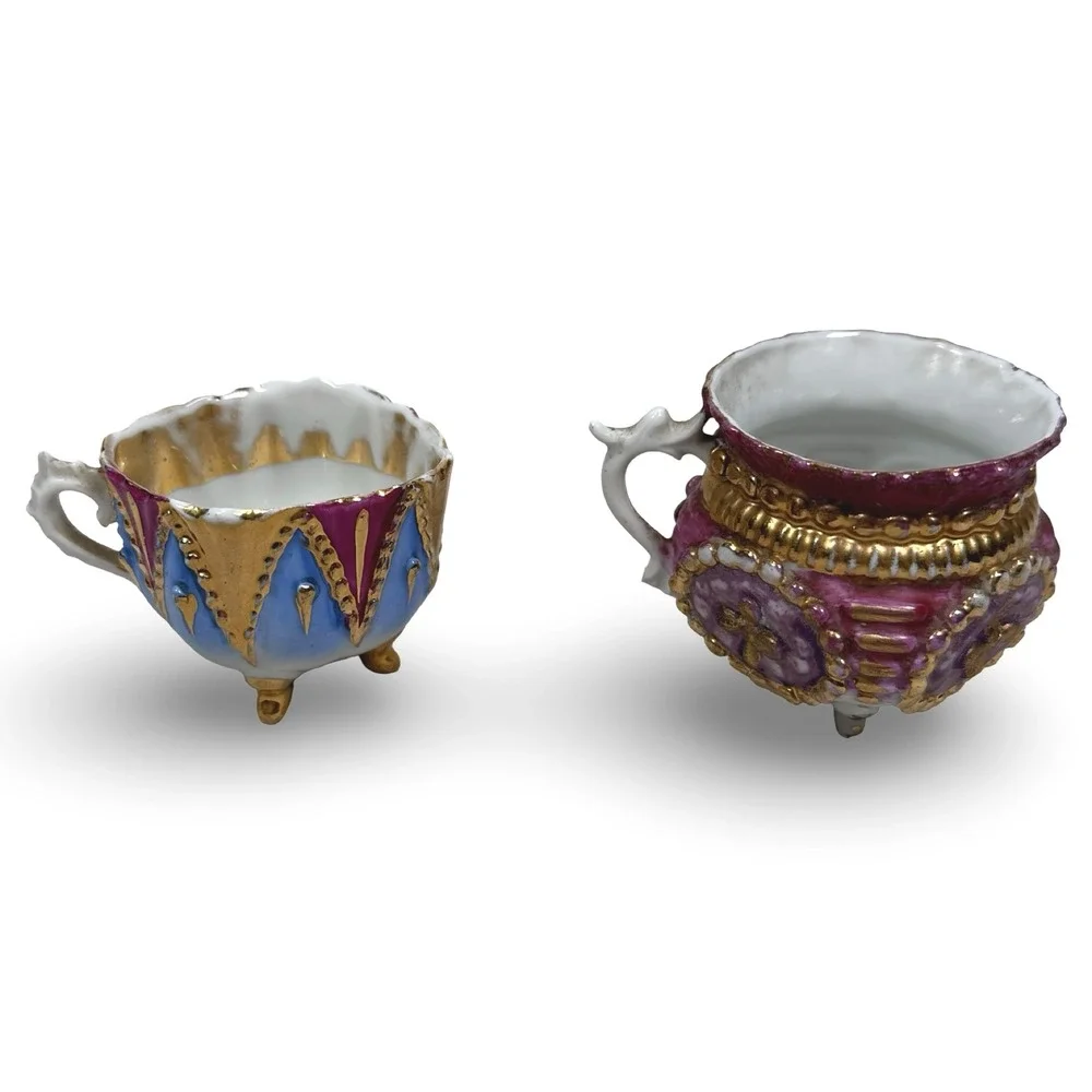 Vintage Porcelain Footed Demitasse 2 Cups Pink Blue Gold Victorian Style Lot 2